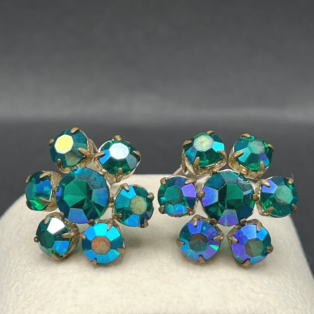 Vintage Clip‎ On Earrings Green Peacock AB Rhinestone Floral Cluster Open Back